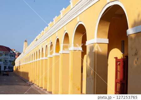 Colonial building of Las Bovedas in the walled city of Cartagena de Indias, Colombia 127253765