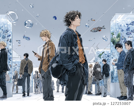 NFTアート展を鑑賞する若者たちのイラスト素材 NFTアート展を鑑賞する若者たちのイラスト素材 127253807