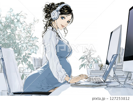 働く妊婦の女性のイラスト素材　デスクワーク 127253812