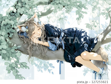 木の上で気持ちよさそうに昼寝をするネコの妖精のイラスト素材 127253821