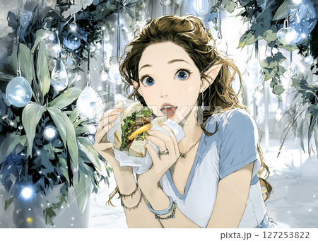 サンドイッチを頬張るエルフ　昼食の妖精のイラスト素材 127253822