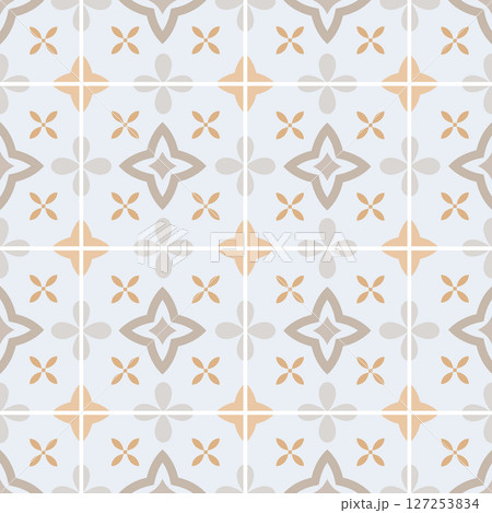 Simple retro ceramic tile seamless pattern. Abstract floral azulejo, turkish, spanish ornamental design. Vector background for fabric, tile, floor, wallpaper, textile. Simple retro ceramic tile seamless pattern. Abstract floral azulejo, turkish, spanish ornamental design. Vector background for fabric, tile, floor, wallpaper, textile. 127253834