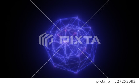 Intense electric blue sphere made of interlocking glowing lines and starburst light rays 127253993
