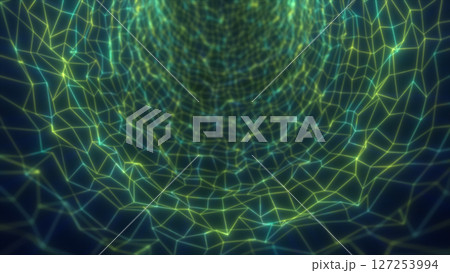 Digital green mesh tunnel on brown background, forming a fluid web of luminous geometric lines 127253994