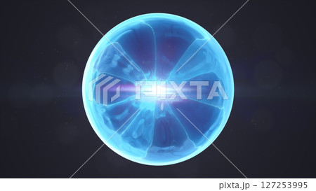 Smooth blue energy orb glowing with central light, surrounded by abstract translucent plasma 127253995