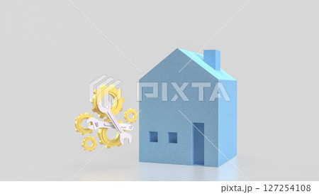 The Blue House and Gear for fix or repair concept 3d Rendering. The Blue House and Gear for fix or repair concept 3d Rendering. 127254108