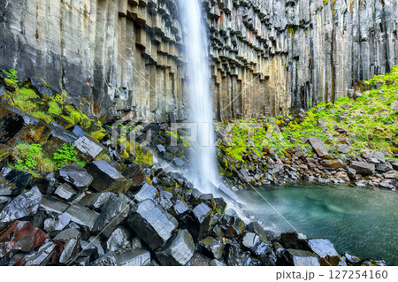 Ramarkable view of Svartifoss waterfall with basalt columns on southern part of Iceland. Ramarkable view of Svartifoss waterfall with basalt columns on southern part of Iceland. 127254160