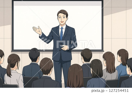 プレゼンテーションを行う男性社員と聞き入る聴衆のイラスト 127254451