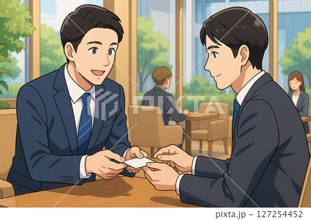 カフェで名刺交換をするビジネスマン二人 127254452