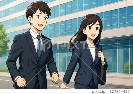 ビル街を元気に歩く若手社員男女のイラスト 127254453