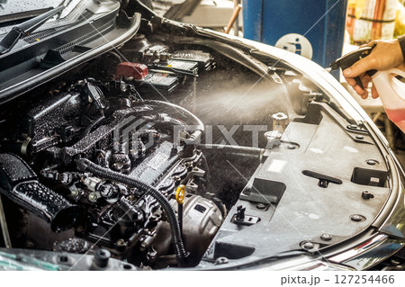 The mechanic is using a cleaning spray to clean the engine compartment. 127254466