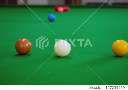 Snooker balls on a green table ready to be played. 127254469