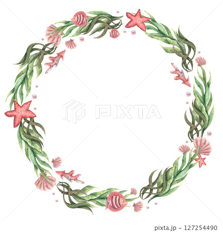 Watercolor wreath, frame of pink shells, pearls, seaweed, starfish and coral. Sea life 127254490