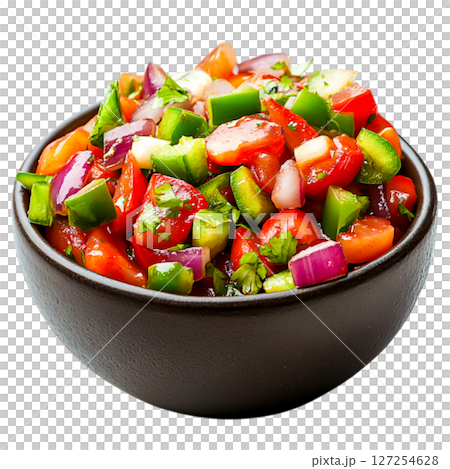 Fresh and Colorful Vegetable Salsa in a Round Black Bowl Perfect for Parties and Dishes 127254628