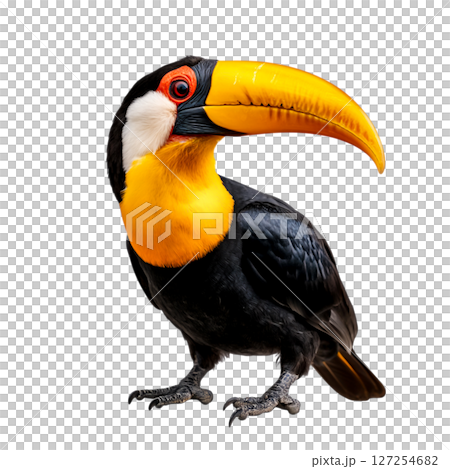 Vibrant Toucan with Bright Yellow Beak and Dark Feathers on a White Background Vibrant Toucan with Bright Yellow Beak and Dark Feathers on a White Background 127254682
