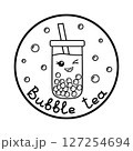 Kawaii winking bubble tea with boba tapioca pearls in a circle frame, outline for coloring book 127254694