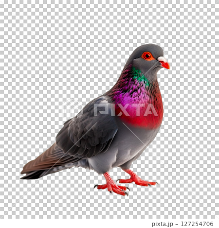 Colorful pigeon with striking feathers standing on a surface against a dark background 127254706