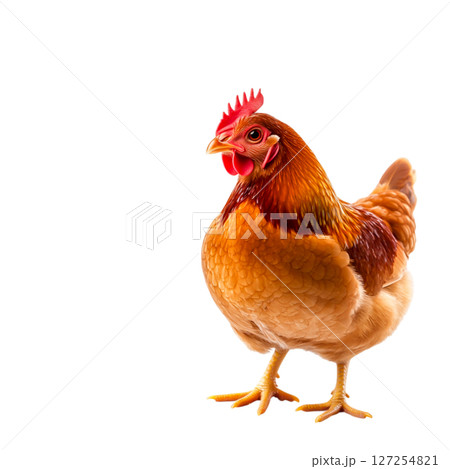 Realistic Chicken in a Natural Pose with Detailed Features and Vibrant Colors on White Background Realistic Chicken in a Natural Pose with Detailed Features and Vibrant Colors on White Background 127254821