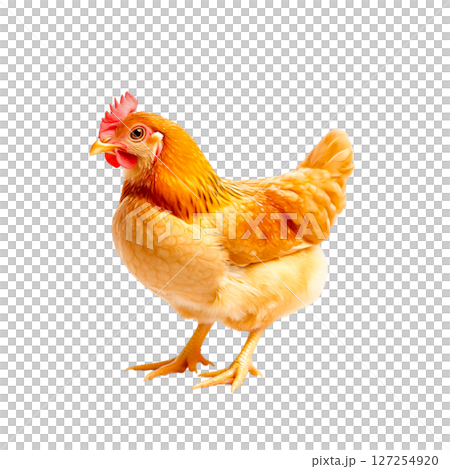 Colorful Domestic Chicken Standing Proudly on a White Background, Showcasing Its Feathers Colorful Domestic Chicken Standing Proudly on a White Background, Showcasing Its Feathers 127254920