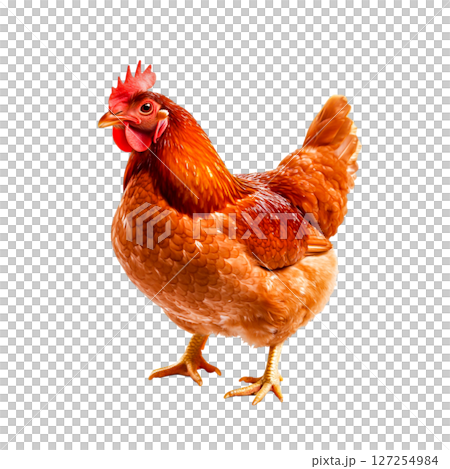 Realistic Chicken in Natural Pose with Vibrant Feathers and Detail for Stock Imagery Realistic Chicken in Natural Pose with Vibrant Feathers and Detail for Stock Imagery 127254984