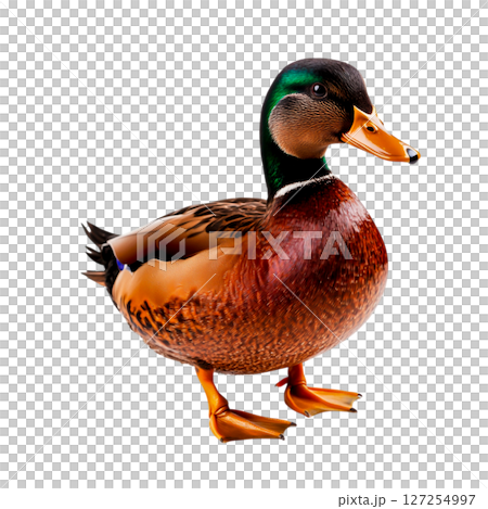 Colorful male mallard duck standing on one leg with vivid plumage and unique features 127254997
