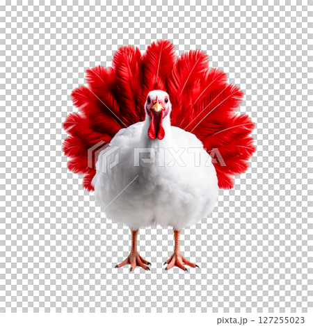 Vibrant Turkey with Bright Red Feathers and White Body Standing Proudly in Spotlight 127255023