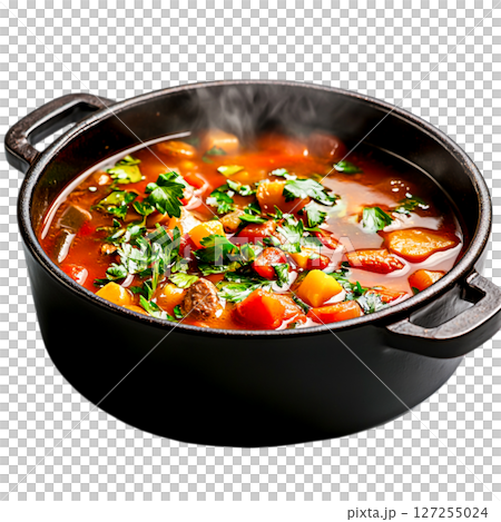 Close-Up of Delicious Vegetable and Meat Stew in Black Pot with Fresh Herbs Garnish 127255024