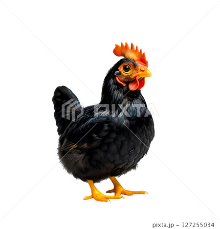 Black Chicken With Bright Orange Comb Struts Confidently in Studio Lighting 127255034