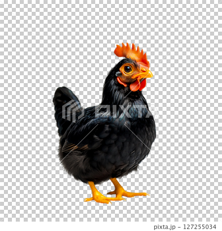 Black Chicken With Bright Orange Comb Struts Confidently in Studio Lighting 127255034