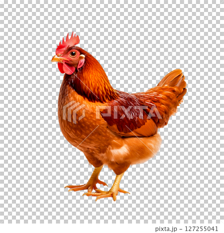 Proud and Vibrant Chicken Standing in a Bright and Lively Farmyard Setting Proud and Vibrant Chicken Standing in a Bright and Lively Farmyard Setting 127255041