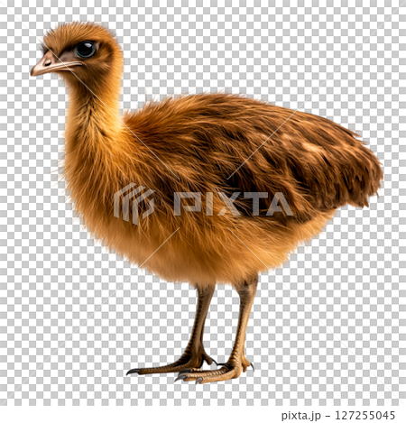 Young Bird with Fluffy Brown Feathers Standing on One Leg in a Natural Setting 127255045