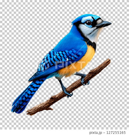 Vibrant Blue Bird Perched on Branch with Detailed Feathers and Bright Colors 127255165