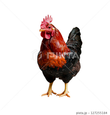 Majestic Rooster Displaying Vibrant Feathers and Proud Posture on White Background 127255184