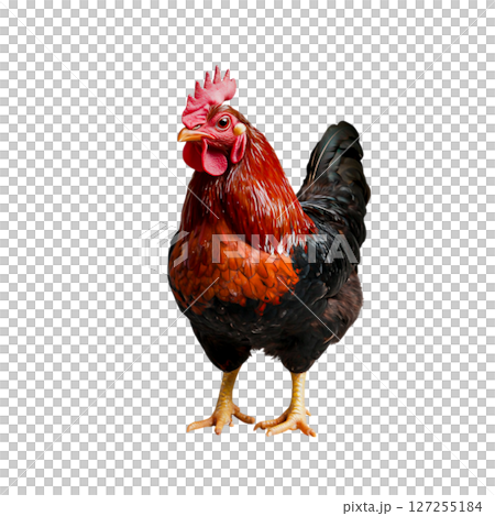 Majestic Rooster Displaying Vibrant Feathers and Proud Posture on White Background 127255184