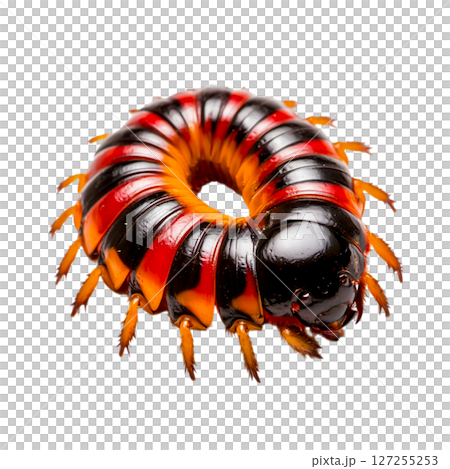 Close-Up of Colorful Millipede with Vibrant Red and Black Segments on White Background 127255253