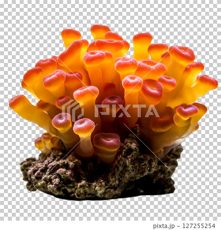 Vibrant Coral Structure with Bright Orange and Yellow Tentacles Underwater View 127255254
