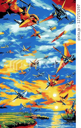 青空で戦う戦闘機のイラスト 127255297