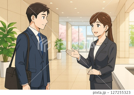 ロビーで説明を受ける新入社員と女性スタッフ 127255323