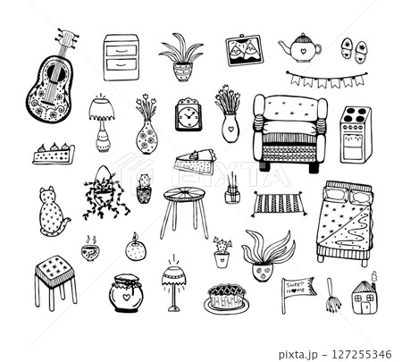 Cozy home items, black and white doodle set Cozy home items, black and white doodle set 127255346