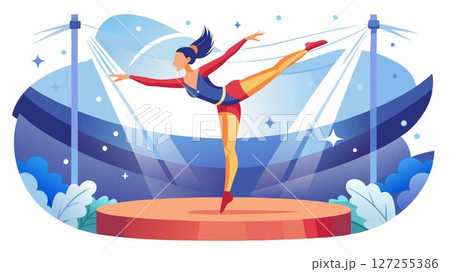 A captivating performance of aerial acrobatics, as a talented gymnast gracefully twists and turns, suspended high above the stage. 127255386