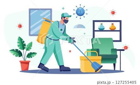 A committed healthcare worker, in the hospitality industry, diligently sanitizes a room, contributing to the overall effort to curb the spread of infection. A committed healthcare worker, in the hospitality industry, diligently sanitizes a room, contributing to the overall effort to curb the spread of infection. 127255405