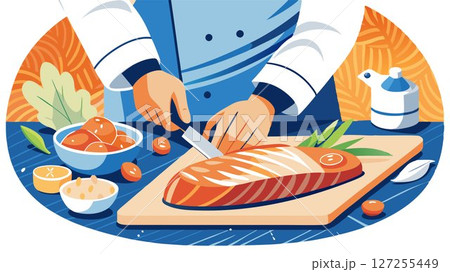 Close-up, the chef's hands demonstrate the delicate art of filleting the salmon with precision. 127255449