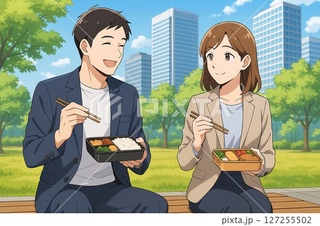 都会の公園でランチを楽しむ会社員 127255502