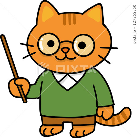 Hand drawn Cat and Career Doodle, Cartoon cat character wearing glasses and holding a pointer stick. Hand drawn Cat and Career Doodle, Cartoon cat character wearing glasses and holding a pointer stick. 127255550