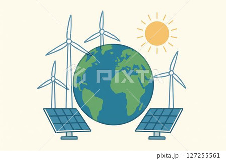 太陽光パネルによるエネルギー風力発電のイラスト 127255561