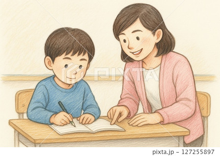 勉強する子供と教える先生 勉強する子供と教える先生 127255897