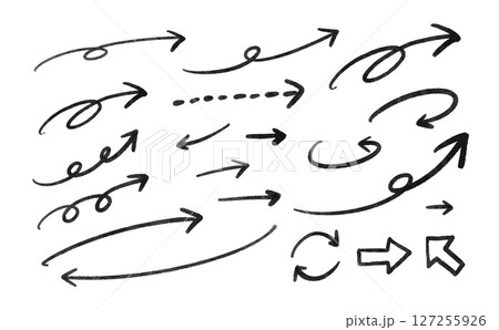 ペン風の手描きの矢印ベクターイラストセット(線画・モノクロ) 127255926