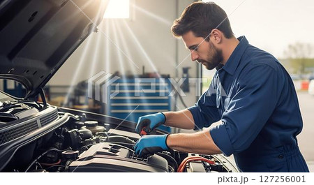 Mechanic Repairing Car Engine 127256001