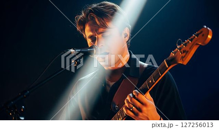 Musician singing and playing guitar on stage 127256013