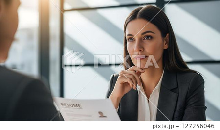 Job Interview Confident Woman Reviewing Resume 127256046